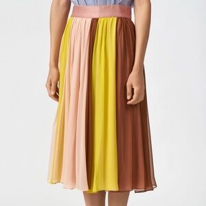 Cushnie Silk Chiffon Colorblock Tan Yellow Pleated A-Line Midi Skirt Size 4